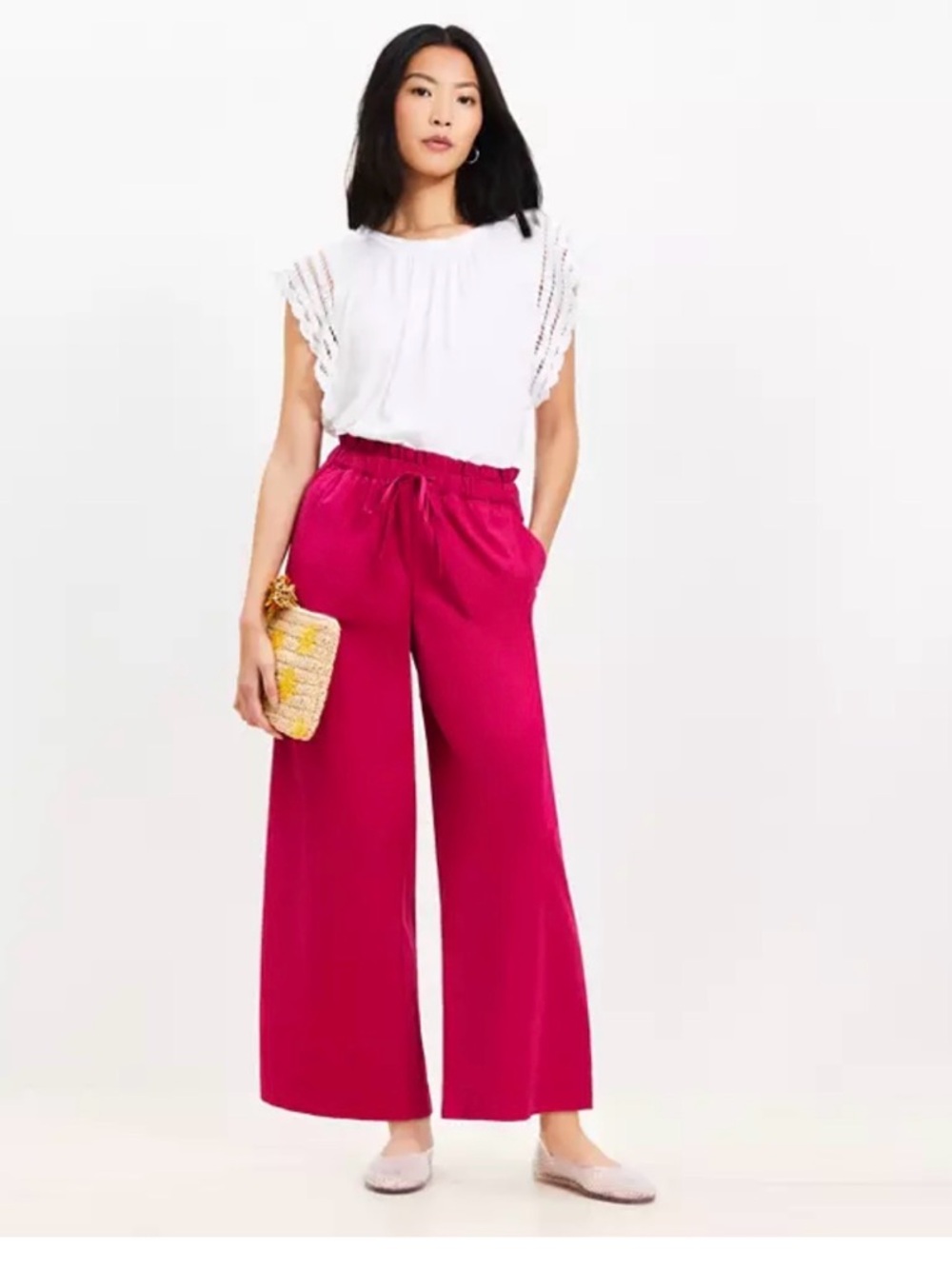 NWT LOFT Wide-Leg Drawstring Pants in Bright Fuchsia Pink